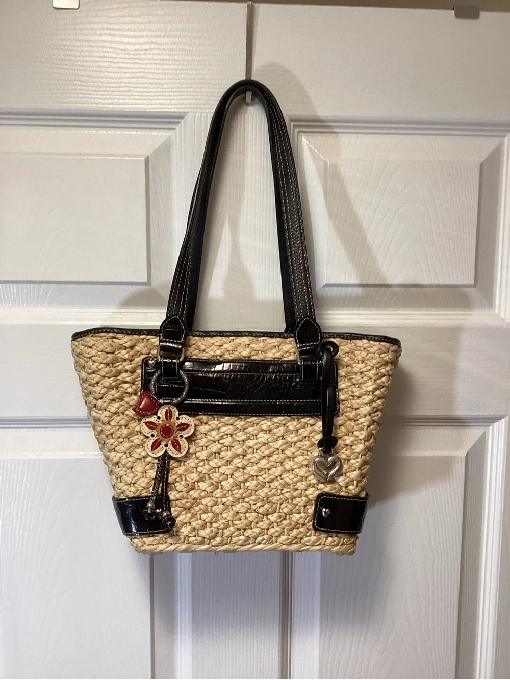 Brighton Handwoven Straw & Black Leather Handbag